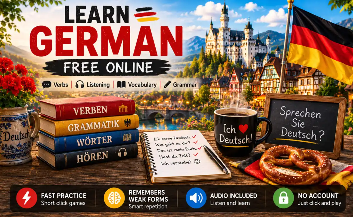 Learn German online for free with vocabulary, grammar, verbs, listening and reading exercises