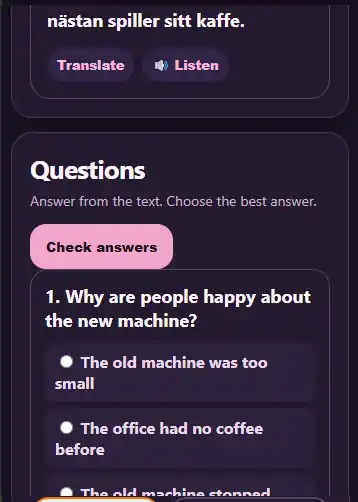 Free reading practice with audio, translation and comprehension questions